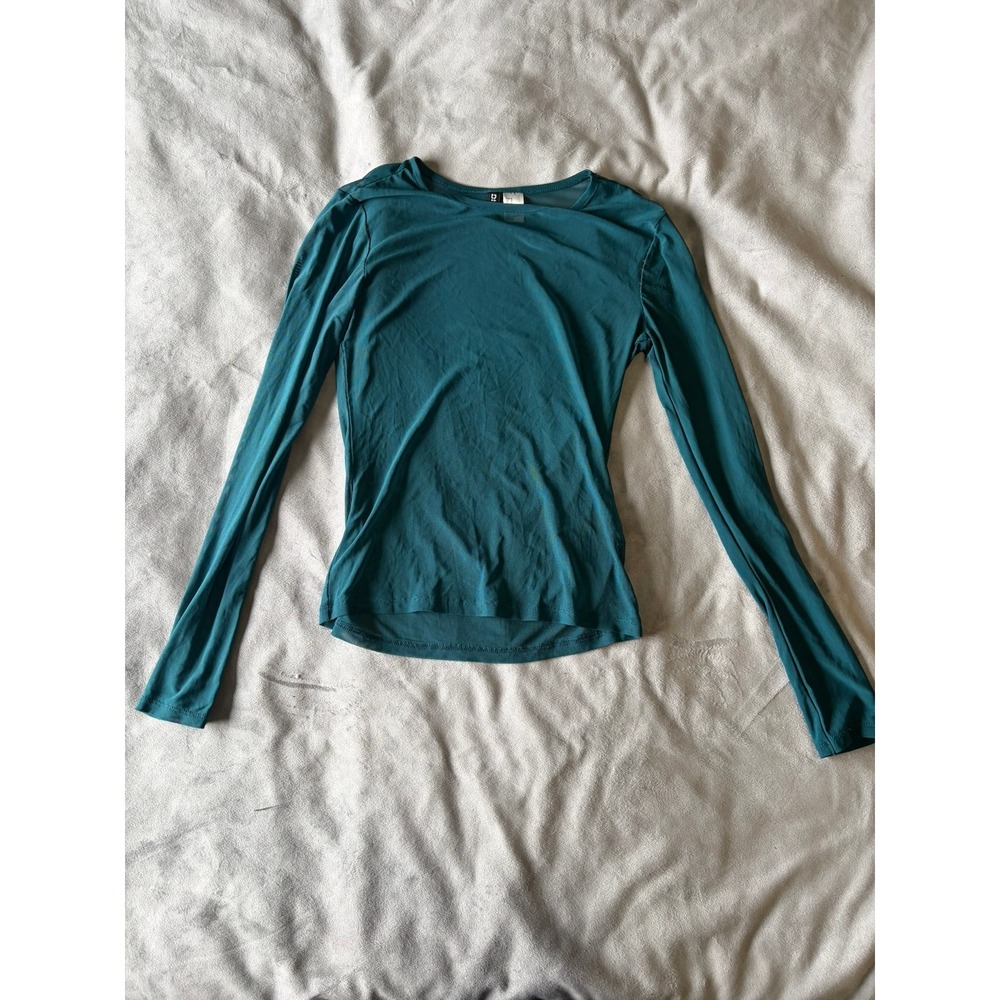 H&M Divided Teal Green Mesh Long Sleeve Crew Neck Top Small Slim Fit Layering